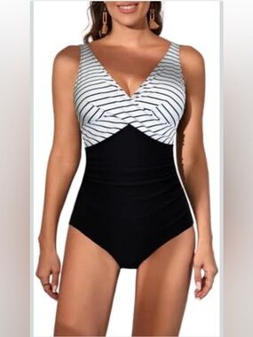 Eomenie Women's One Piece Striped Black Tummy Control Bathing Suit